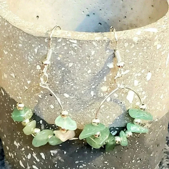 Handcrafted Baroque Green Agate Gemstone Sterling Silver Plated Beads Earrings - Picture 1 of 8